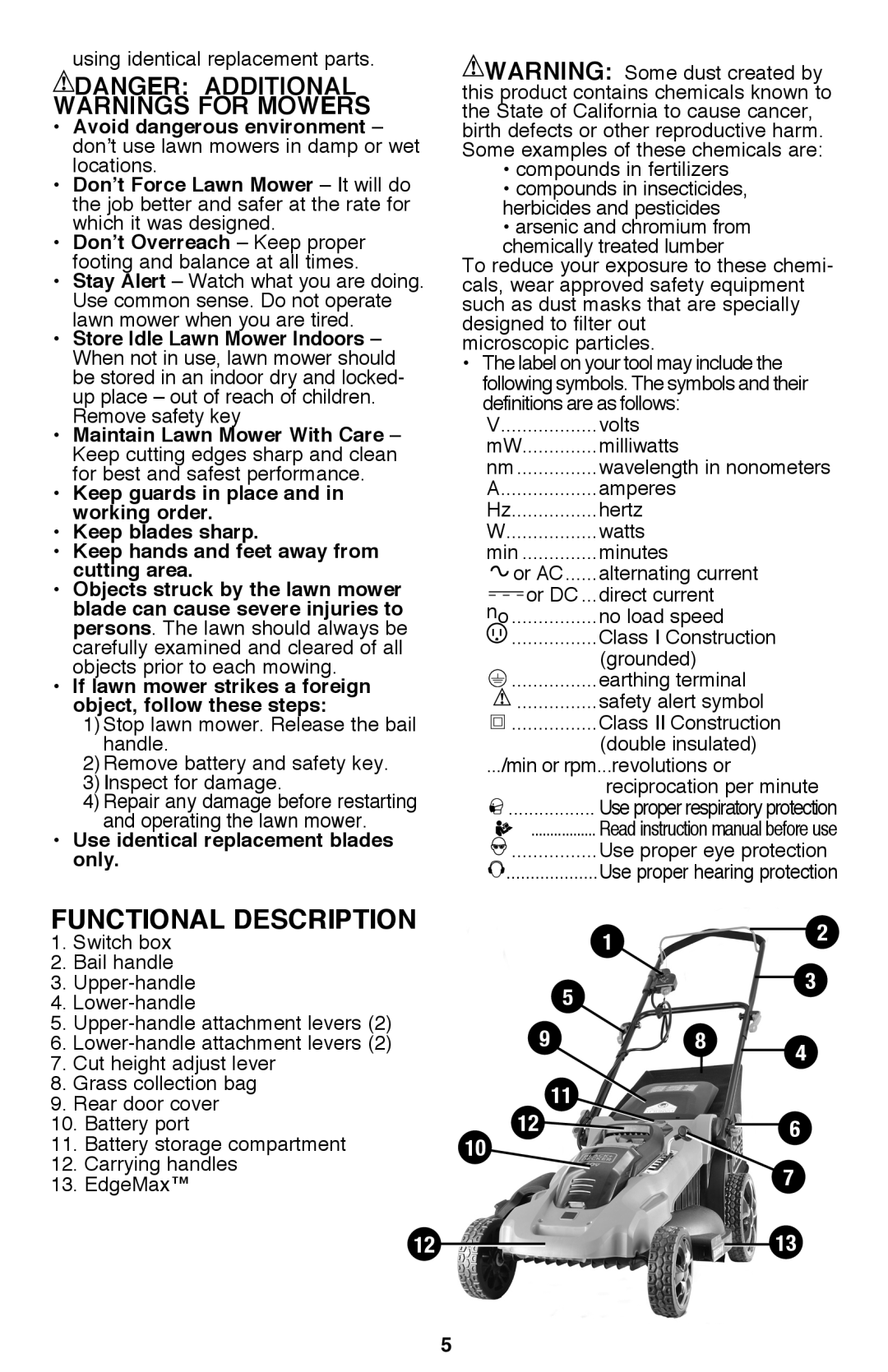 Black & Decker CM2040 instruction manual Functional Description, Danger Additional Warnings For Mowers 
